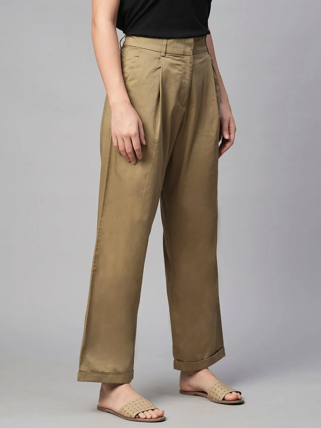 Women's Khaki Cotton Elastane Straight Fit Pant