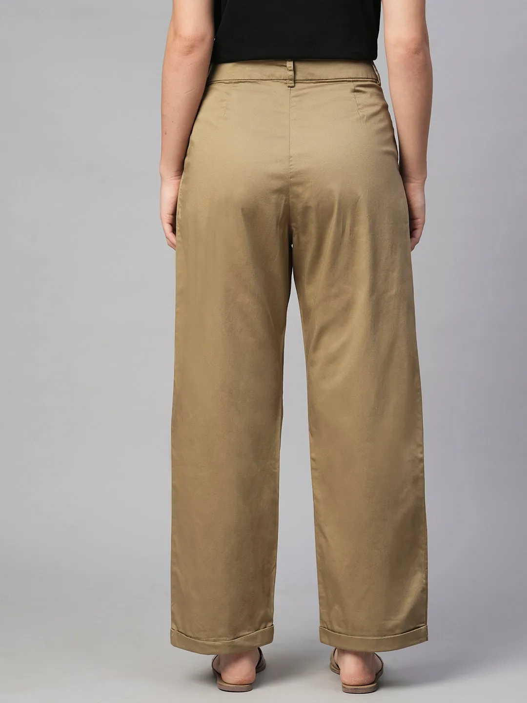 Women's Khaki Cotton Elastane Straight Fit Pant