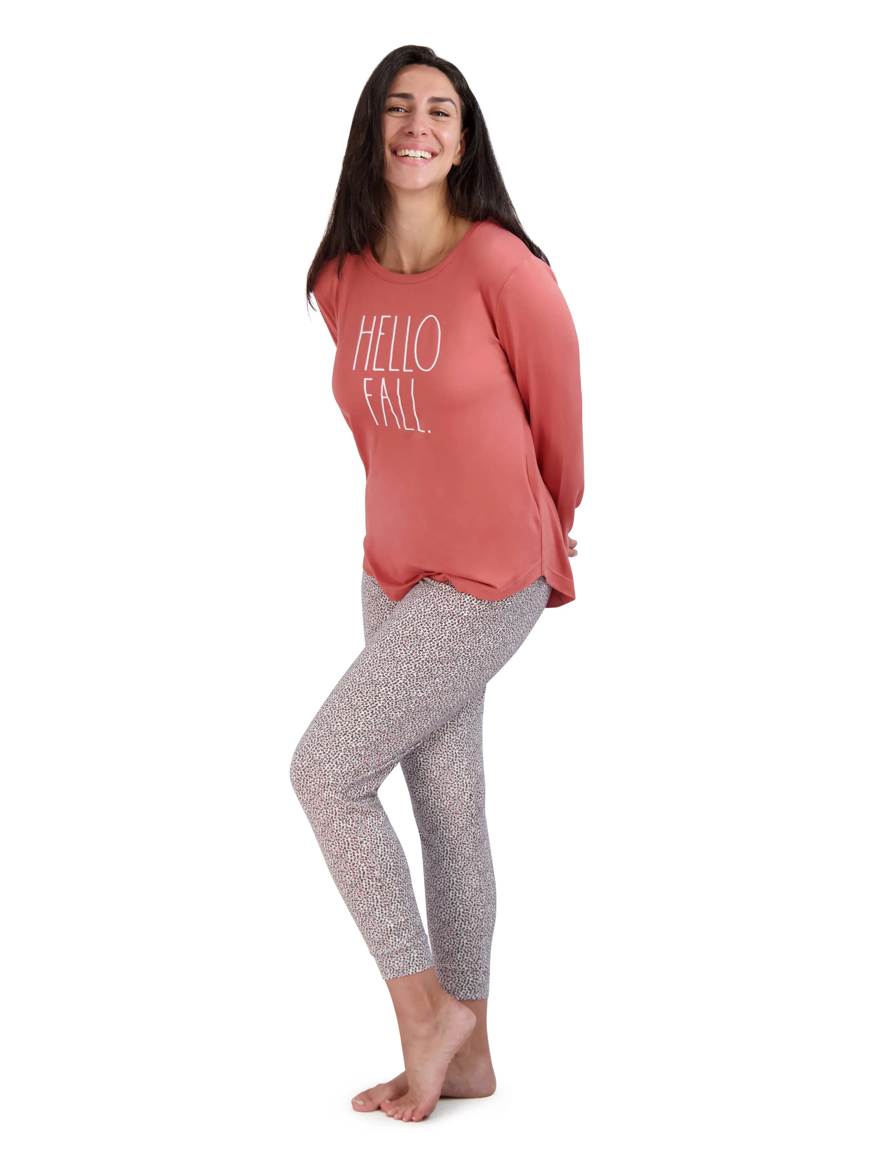 Women's "HELLO FALL" Long Sleeve Top and Drawstring Joggers Pajama Set