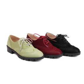 Women's Round Toe Carved Lace-Up Flat Oxford Shoes